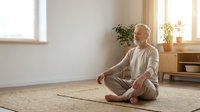 Peaceful senior Caucasian woman in beige loungewear sitting cross-legged on woven mat in bright minimalist living room practicing meditation and mindfulness.