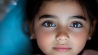 Close up portrait of young girl with expressive brown eyes and gentle smile against blurred turquoise background, soft lighting creates dreamy atmosphere.