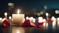 Glowing white candle with scattered red rose petals against blurred bokeh lights background creates romantic atmosphere for valentines day or special occasions.