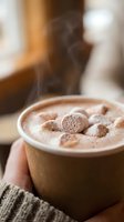 Steaming hot chocolate with marshmallows in ceramic mug held by hands in cozy knit sweater creating warm winter comfort drink atmosphere.
