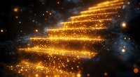 Magical glowing golden stairway with sparkling particles and light trails against dark background, creating mystical atmosphere for spiritual and fantasy designs.