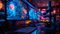 Scientific laboratory workspace with microscope and computer monitors displaying virus cell structures in vibrant blue and orange lighting, creating dramatic research atmosphere.
