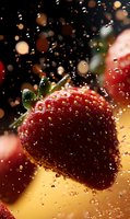 Fresh ripe strawberry with water droplets splashing against dark background with bokeh lights, macro photography showing detailed texture and seeds.