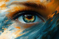 Close-up macro shot of expressive green eye with artistic orange and turquoise paint strokes across face creating dramatic contrast and ethereal effect.