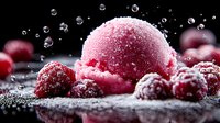 Pink raspberry ice cream scoop with fresh frozen berries and water drops on dark background, macro food photography for dessert menu and advertising.