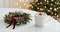 White mug with hot chocolate and marshmallows next to festive eucalyptus wreath with red berries and ribbon on marble table with Christmas tree lights.