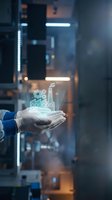 Industrial worker hands holding holographic factory icon with gears and smokestacks in modern manufacturing facility for smart industry concepts.