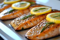 Grilled salmon fillets seasoned with black pepper and herbs, garnished with fresh lemon slices and rosemary sprigs on white serving platter, close up view.
