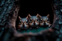 Three curious squirrels peering out from dark tree hollow, close-up view showing their expressive eyes and faces in natural woodland habitat.