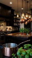 Rustic luxury kitchen interior with dark wood cabinets, copper cookware, Edison bulb pendant lights, stone backsplash, and fresh herbs on butcher block island.