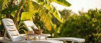Tropical resort poolside with white lounge chairs under palm trees during golden hour sunset creating relaxing vacation atmosphere for travel marketing.