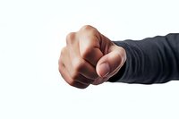 Male hand in dark business suit sleeve pointing finger directly at viewer against white background, expressing authority and leadership concept.