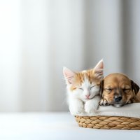 Adorable orange kitten and brown puppy sleeping peacefully together in wicker basket on white blanket creating heartwarming friendship scene.