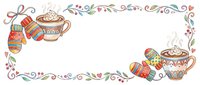 Cozy winter tea time frame with hand-knitted mittens, steaming teapot, and festive ornaments surrounded by decorative floral swirls and ribbons.