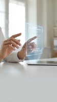 Businesswoman hands interacting with holographic digital contract interface displaying signature acceptance terms in modern office workspace environment.