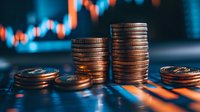 Stacked coins against blurred trading chart background with orange and blue market data visualization showing financial growth and investment concept.