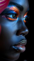 Close-up profile of African American female model wearing vibrant orange glitter eyeshadow and metallic lipstick against dark background with blue lighting.