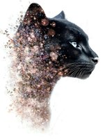 Black cat profile with magical sparkle effect dissolving into abstract particles and watercolor splashes on white background, ready for creative projects.