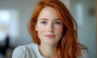 Young woman with natural red hair and gentle smile wearing cozy knit sweater against soft blurred background. Fresh, natural beauty portrait in warm daylight.