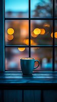 Coffee cup on windowsill at dusk with blurred bokeh lights through window panes creating cozy atmosphere, moody evening ambiance in blue and orange tones.