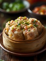 Steamed pork and shrimp dumplings with colorful vegetable garnish served in traditional bamboo steamer basket on wooden table for Asian cuisine dining.