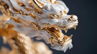 Majestic white and gold dragon head sculpture with intricate Asian-inspired details, showing fierce expression against dark background. Luxury decorative art piece.