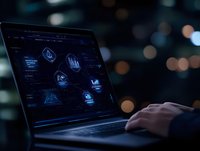 Laptop screen displaying futuristic data visualization with glowing blue graphs and charts against dark background with bokeh lights. Business analytics concept.