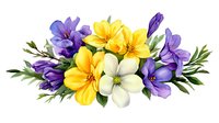 Watercolor floral arrangement with yellow, white and purple flowers adorned with green leaves, creating elegant composition for wedding stationery and decor.