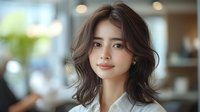 Young Asian woman with wavy brown hair and natural makeup in modern cafe setting with soft bokeh background. Perfect for beauty, lifestyle, or fashion content.