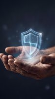 Elderly male hands holding a glowing holographic shield, symbolizing cybersecurity, digital protection, and data safety in technology concepts.
