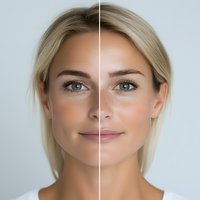 Before and after comparison of skin retouching and beauty enhancement showing natural makeup look on young blonde woman with blue eyes against white background.