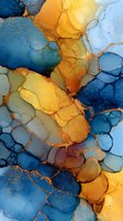 Abstract alcohol ink art with flowing blue orange and gold colors creating organic fluid patterns with metallic accents for modern interior design.