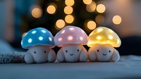 Cute kawaii mushroom night lights with smiling faces glowing in blue, pink and yellow against blurred bokeh background. Cozy home decor mood.