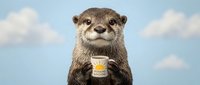 Adorable otter holding yellow coffee cup against blue sky with white clouds, cute animal enjoying hot beverage, wildlife humor concept for morning motivation.