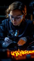 Young female scientist in protective eyewear examining sample through microscope in dark laboratory with dramatic orange lighting and bokeh effects in foreground.