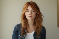 Young woman with red wavy hair wearing denim jacket and white top against neutral background, natural daylight portrait showcasing casual style and confident expression.