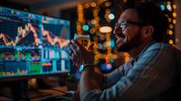 Successful male trader in glasses celebrating with beer while monitoring stock market charts on multiple screens, perfect for finance, investment and trading success concepts.