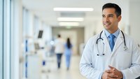 Confident Hispanic male doctor smiling in modern hospital corridor with medical staff in background. Healthcare professional portrait for medical services.
