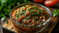 Fresh homemade salsa with diced tomatoes, onions and cilantro in glass bowl on wooden cutting board for Mexican cuisine and healthy cooking recipes.