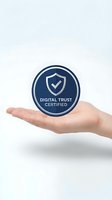 Open palm presenting digital trust certified badge with shield checkmark icon for cybersecurity and data protection services.