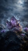 Mystical purple amethyst crystals glowing with magical light particles on dark volcanic rock under stormy sky for spiritual healing and meditation concepts.