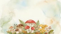 Watercolor illustration of red and brown mushrooms with ferns and foliage on aged paper background, suitable for autumn designs, botanical art, and nature-themed projects.
