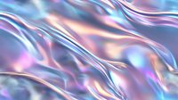 Holographic iridescent waves with smooth flowing curves in pastel pink and blue tones create abstract modern background with metallic liquid effect.