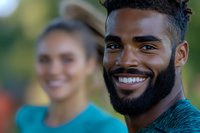 Young African American man with beard smiling outdoors, wearing teal athletic shirt. Blurred female athlete in background. Natural lighting and genuine expression.