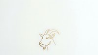 Minimalist line drawing of a goat head in profile with curved horns and facial features rendered in warm tan strokes against neutral background for design projects.
