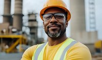 Confident African American construction worker with safety helmet and glasses at industrial site, wearing high-visibility vest.