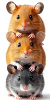 Three adorable hamsters stacked vertically - two golden and one gray, showing their cute faces, pink noses, and tiny paws against white background, isolated.