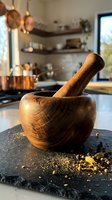 Wooden mortar and pestle with spices on slate board in modern kitchen interior for cooking and food preparation.
