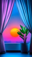 Vibrant sunset view through window with blue curtains and potted tropical plant silhouette creating dreamy atmosphere for relaxation and mindfulness backgrounds.