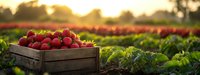 Fresh strawberries in wooden crate at sunset in agricultural field, golden hour lighting illuminates ripe red berries against green leafy background.